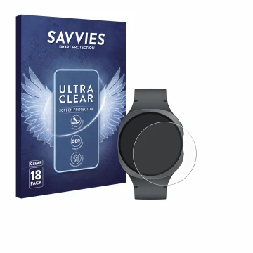 Vorderseite einer Produktverpackung mit dem Markenlogo Savvies. Daneben ist das Gerät Samsung Galaxy Watch 8 (40 mm) mit dem z