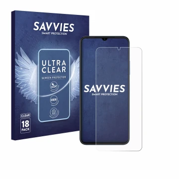 Vorderseite einer Produktverpackung mit dem Markenlogo Savvies. Daneben ist das Gerät Huawei Nova Y61 mit dem zugehörigen Disp