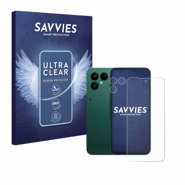 Vorderseite einer Produktverpackung mit dem Markenlogo Savvies. Daneben ist das Gerät Fairphone 6 (Display+Kamera) mit dem zug