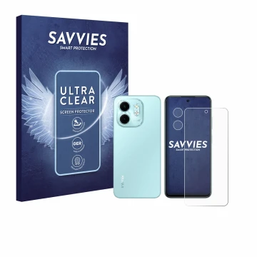 Vorderseite einer Produktverpackung mit dem Markenlogo Savvies. Daneben ist das Gerät Infinix Smart 9 (Display+Kamera) mit dem