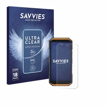 Vorderseite einer Produktverpackung mit dem Markenlogo Savvies. Daneben ist das Gerät Ulefone Armor X32 Pro mit dem zugehörige