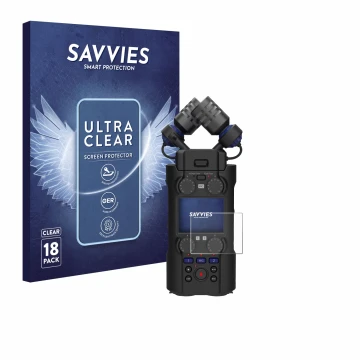 Vorderseite einer Produktverpackung mit dem Markenlogo Savvies. Daneben ist das Gerät Zoom H5 Studio mit dem zugehörigen Displ