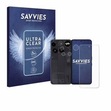 Vorderseite einer Produktverpackung mit dem Markenlogo Savvies. Daneben ist das Gerät Nothing Phone (3) (Display+Kamera) mit d