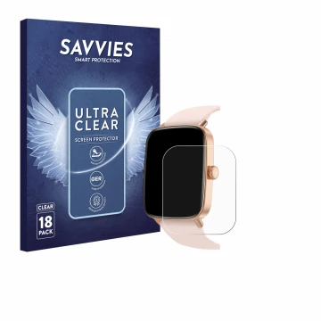 Vorderseite einer Produktverpackung mit dem Markenlogo Savvies. Daneben ist das Gerät Yoever Smartwatch 1.85