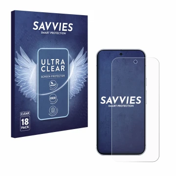 Vorderseite einer Produktverpackung mit dem Markenlogo Savvies. Daneben ist das Gerät Google Pixel 10 Pro XL mit dem zugehörig