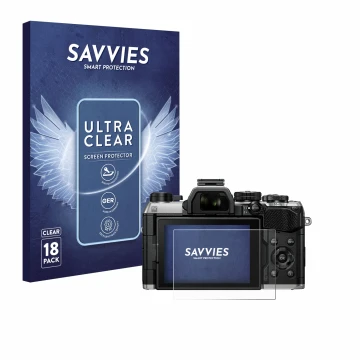 Vorderseite einer Produktverpackung mit dem Markenlogo Savvies. Daneben ist das Gerät Olympus OM System OM-5 Mark II mit dem z