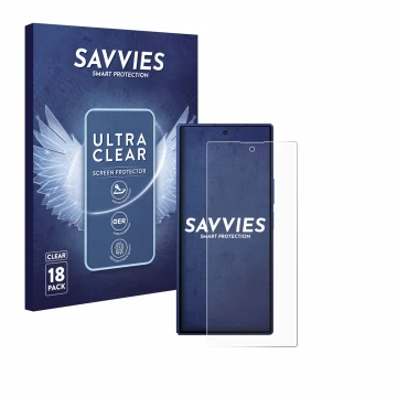 Vorderseite einer Produktverpackung mit dem Markenlogo Savvies. Daneben ist das Gerät Samsung Galaxy Z Fold 7 mit dem zugehöri