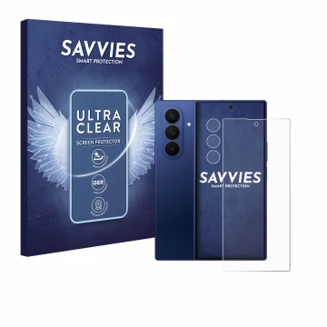 Vorderseite einer Produktverpackung mit dem Markenlogo Savvies. Daneben ist das Gerät Samsung Galaxy Z Fold 7 (Display+Kamera)