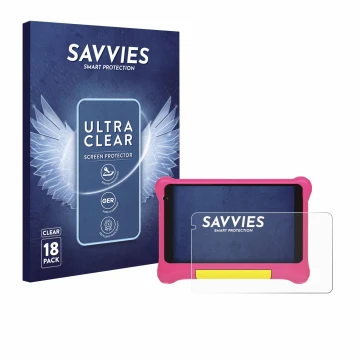 Vorderseite einer Produktverpackung mit dem Markenlogo Savvies. Daneben ist das Gerät Happybe Kids Tablet 7
