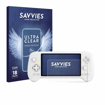 Vorderseite einer Produktverpackung mit dem Markenlogo Savvies. Daneben ist das Gerät Anbernic RG556 mit dem zugehörigen Displ