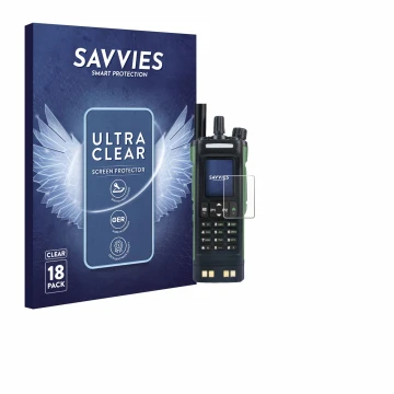 Vorderseite einer Produktverpackung mit dem Markenlogo Savvies. Daneben ist das Gerät Baofeng DM-32 mit dem zugehörigen Displa