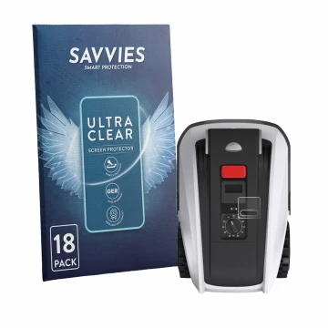 Vorderseite einer Produktverpackung mit dem Markenlogo Savvies. Daneben ist das Gerät Ecovacs Goat O800 RTK mit dem zugehörige