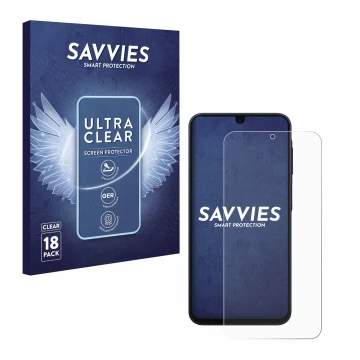 Vorderseite einer Produktverpackung mit dem Markenlogo Savvies. Daneben ist das Gerät Samsung Galaxy A17 4G mit dem zugehörige