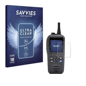 Vorderseite einer Produktverpackung mit dem Markenlogo Savvies. Daneben ist das Gerät Icom IC-M94D mit dem zugehörigen Display