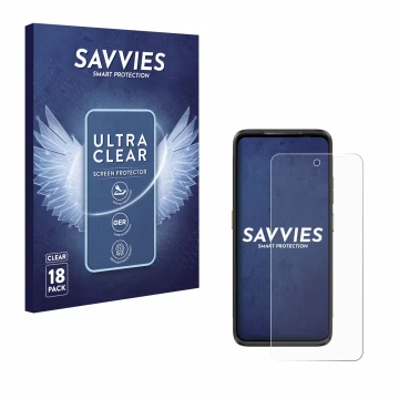 Vorderseite einer Produktverpackung mit dem Markenlogo Savvies. Daneben ist das Gerät Ulefone Armor 23 Ultra mit dem zugehörig