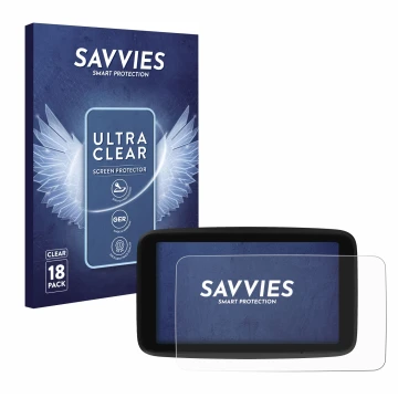 Vorderseite einer Produktverpackung mit dem Markenlogo Savvies. Daneben ist das Gerät TomTom GO Classic 5