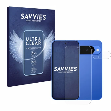 Vorderseite einer Produktverpackung mit dem Markenlogo Savvies. Daneben ist das Gerät Google Pixel 10 (Display+Kamera) mit dem