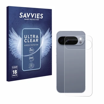 Vorderseite einer Produktverpackung mit dem Markenlogo Savvies. Daneben ist das Gerät Google Pixel 10 Pro XL (Rückseite) mit d