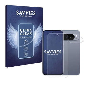 Vorderseite einer Produktverpackung mit dem Markenlogo Savvies. Daneben ist das Gerät Google Pixel 10 Pro XL (Display+Kamera) 