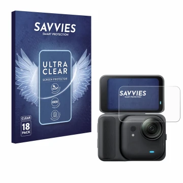 Vorderseite einer Produktverpackung mit dem Markenlogo Savvies. Daneben ist das Gerät Insta360 Go Ultra mit dem zugehörigen Di