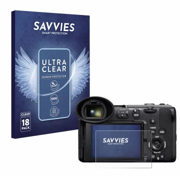 Vorderseite einer Produktverpackung mit dem Markenlogo Savvies. Daneben ist das Gerät Sony Cinema Line FX2 mit dem zugehörigen
