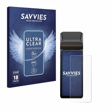 Vorderseite einer Produktverpackung mit dem Markenlogo Savvies. Daneben ist das Gerät Sunmi V3H mit dem zugehörigen Displaysch