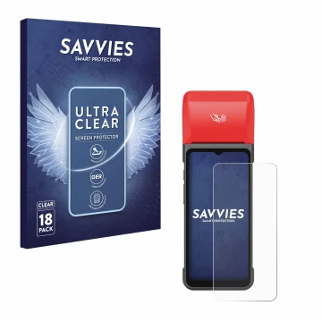 Vorderseite einer Produktverpackung mit dem Markenlogo Savvies. Daneben ist das Gerät iMin Swift 2 Pro mit dem zugehörigen Dis