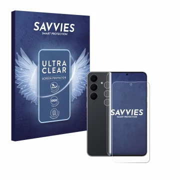 Vorderseite einer Produktverpackung mit dem Markenlogo Savvies. Daneben ist das Gerät Samsung Galaxy S25 FE (Display+Kamera) m