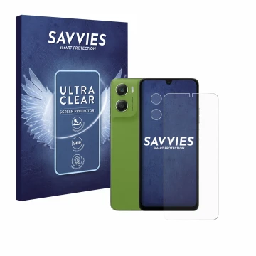 Vorderseite einer Produktverpackung mit dem Markenlogo Savvies. Daneben ist das Gerät Motorola Moto G06 Power (Display+Kamera)