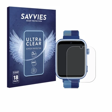 Vorderseite einer Produktverpackung mit dem Markenlogo Savvies. Daneben ist das Gerät JoJoego 4G Smartwatch kids mit dem zugeh