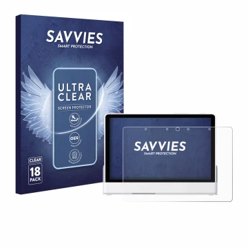 Vorderseite einer Produktverpackung mit dem Markenlogo Savvies. Daneben ist das Gerät eufy Smart Display E10 mit dem zugehörig