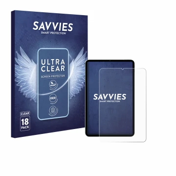 Vorderseite einer Produktverpackung mit dem Markenlogo Savvies. Daneben ist das Gerät Xiaomi Pad Mini mit dem zugehörigen Disp