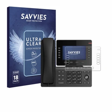 Vorderseite einer Produktverpackung mit dem Markenlogo Savvies. Daneben ist das Gerät Snom D865 mit dem zugehörigen Displaysch