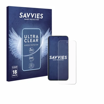 Vorderseite einer Produktverpackung mit dem Markenlogo Savvies. Daneben ist das Gerät Xiaomi 15T mit dem zugehörigen Displaysc