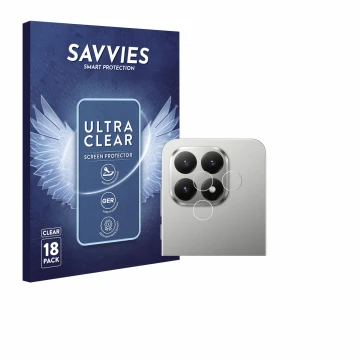 Vorderseite einer Produktverpackung mit dem Markenlogo Savvies. Daneben ist das Gerät Xiaomi 15T (NUR Kameraschutz) mit dem zu