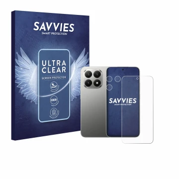 Vorderseite einer Produktverpackung mit dem Markenlogo Savvies. Daneben ist das Gerät Xiaomi 15T (Display+Kamera) mit dem zuge