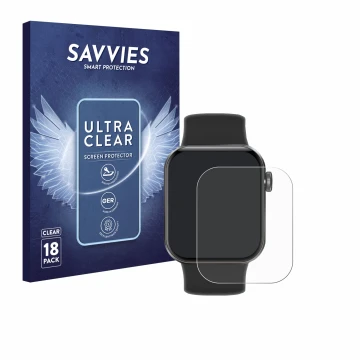 Vorderseite einer Produktverpackung mit dem Markenlogo Savvies. Daneben ist das Gerät Aseeyirj Smartwatch 1.85