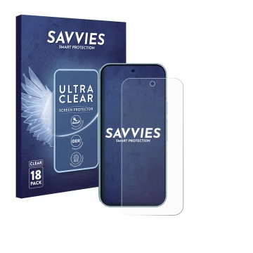 Vorderseite einer Produktverpackung mit dem Markenlogo Savvies. Daneben ist das Gerät Google Pixel 9 (case-friendly) mit dem z
