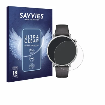 Vorderseite einer Produktverpackung mit dem Markenlogo Savvies. Daneben ist das Gerät Xiaomi Watch S4 (41 mm) mit dem zugehöri