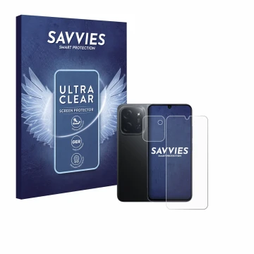 Vorderseite einer Produktverpackung mit dem Markenlogo Savvies. Daneben ist das Gerät Xiaomi Poco C85 (Display+Kamera) mit dem