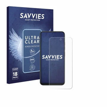 Vorderseite einer Produktverpackung mit dem Markenlogo Savvies. Daneben ist das Gerät Infinix Smart 10 mit dem zugehörigen Dis