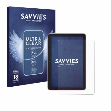 Vorderseite einer Produktverpackung mit dem Markenlogo Savvies. Daneben ist das Gerät Amazon Fire HD 8 2024 mit dem zugehörige