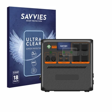 Vorderseite einer Produktverpackung mit dem Markenlogo Savvies. Daneben ist das Gerät Bluetti AC240P mit dem zugehörigen Displ