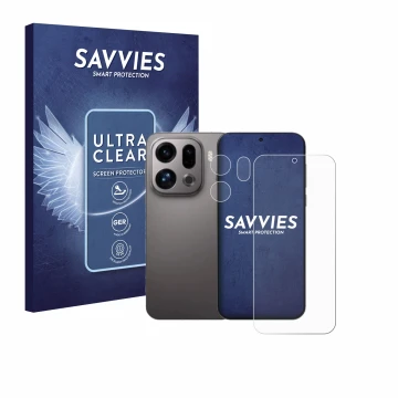 Vorderseite einer Produktverpackung mit dem Markenlogo Savvies. Daneben ist das Gerät Oppo Find X9 (Display+Kamera) mit dem zu