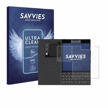 Vorderseite einer Produktverpackung mit dem Markenlogo Savvies. Daneben ist das Gerät Unihertz Titan 2 (Display+Kamera) mit de