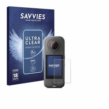 Vorderseite einer Produktverpackung mit dem Markenlogo Savvies. Daneben ist das Gerät Insta360 X4 Air mit dem zugehörigen Disp