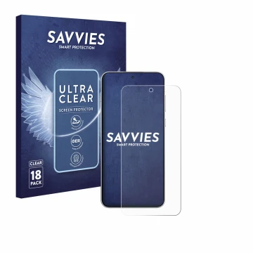 Vorderseite einer Produktverpackung mit dem Markenlogo Savvies. Daneben ist das Gerät OnePlus 15R mit dem zugehörigen Displays