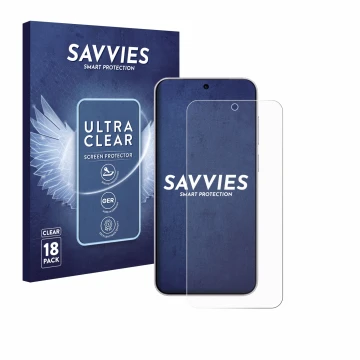 Vorderseite einer Produktverpackung mit dem Markenlogo Savvies. Daneben ist das Gerät Vivo X300 mit dem zugehörigen Displaysch