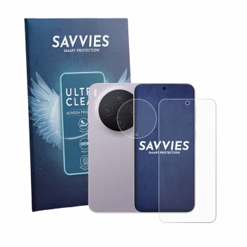 Vorderseite einer Produktverpackung mit dem Markenlogo Savvies. Daneben ist das Gerät Vivo X300 (Display+Kamera) mit dem zugeh
