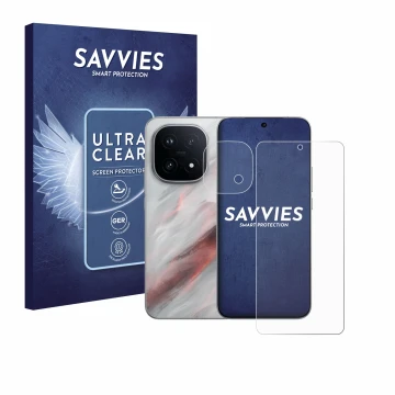 Vorderseite einer Produktverpackung mit dem Markenlogo Savvies. Daneben ist das Gerät Vivo iQOO 15 (Display+Kamera) mit dem zu